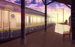  absurdres bench biako cloud cloudy_sky commentary_request evening gradient_sky ground_vehicle highres no_humans original outdoors revision scenery sky sun sunlight sunset train train_station yellow_sky 