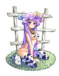  :&lt; animal_print bell bell_collar bikini bottle bottomless breasts collar cow_print crescent hair_ribbon hakui_ami hat kneeling large_breasts long_hair micro_bikini milk milk_bottle no_panties patchouli_knowledge purple_eyes purple_hair ribbon solo swimsuit thighhighs touhou underboob 