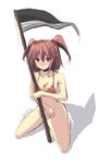  atsumi_haru bikini_top blush bottomless hair_bobbles hair_ornament kneeling onozuka_komachi pink_hair red_eyes scythe simple_background socks solo touhou two_side_up 