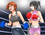 2girls arena boxing boxing_gloves boxing_match boxing_ring crop_top long_hair multiple_girls punch punching short_hair shorts sport sports_bra 