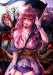  blood breasts cleavage ghost hair_censor hair_down hair_over_breasts inuboe japanese_clothes kimono kimono_pull large_breasts long_hair mouth_hold onozuka_komachi pink_eyes pink_hair scythe solo sweat touhou wrist_cuffs 