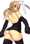  animal_ears ass back bottomless bunny_ears elbow_gloves gloves looking_back no_panties original ponytail red_eyes solo thighhighs yuuji_(and) 
