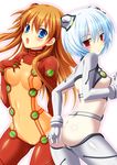  ass ayanami_rei bad_id bad_pixiv_id blue_eyes blue_hair blush bodysuit long_hair maebari makita_maki multicolored multicolored_bodysuit multicolored_clothes multiple_girls neon_genesis_evangelion orange_bodysuit orange_hair plugsuit rebuild_of_evangelion red_bodysuit red_eyes see-through shikinami_asuka_langley short_hair souryuu_asuka_langley test_plugsuit white_bodysuit 