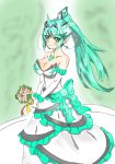  1girl bangs blush breasts dress flower gem green_dress green_eyes green_hair hair_ornament headpiece holding holding_flower jewelry large_breasts long_dress long_hair looking_at_viewer nintendo pneuma_(xenoblade_2) ponytail simple_background smile solo spoiler swept_bangs tiara user_hpzg7477 very_long_hair white_dress xenoblade_(series) xenoblade_2 