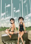  ass awatake_takahiro bandaid bandaid_on_nipples bandaids_on_nipples barefoot black_hair feet fundoshi one-piece_swimsuit outdoors outside pasties school_swimsuit soles swimsuit toes twintails 