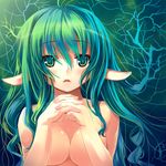  breasts elf green_eyes green_hair hands_clasped highres large_breasts long_hair matsukawa_(pale_scarlet) nude original own_hands_together pointy_ears solo 