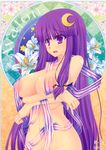  areolae art_nouveau breast_hold breasts crescent crescent_hair_ornament groin hair_ornament highres kirise_mitsuru large_breasts long_hair nipples no_hat no_headwear nude patchouli_knowledge purple_eyes purple_hair ribbon see-through solo touhou very_long_hair 