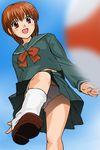  ball bow brown_eyes brown_hair from_below haruyama_kazunori kicking loose_socks panties sakurai_miyuki school_uniform serafuku skirt smile soccer_ball socks solo tango_(soccer_ball) underwear upskirt whistle! 