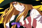  blonde_hair bow clenched_teeth flat_color grin hair_bow hair_over_one_eye hands hane_sotsu hat kirisame_marisa outstretched_hand reaching smile solo teeth touhou witch_hat yellow_eyes 