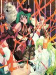  absurdres bangs black_gloves black_legwear blue_eyes ebata_risa elbow_gloves gloves green_hair hat highres macross macross_frontier multiple_girls no_panties official_art ranka_lee red_eyes sheryl_nome short_hair thighhighs wolf 