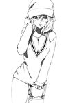  akitama bad_id bad_pixiv_id beanie breasts cleavage copyright_request covered_nipples digital_media_player greyscale hat large_breasts monochrome short_hair solo 