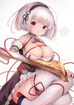  1girl azur_lane bangs bare_shoulders black_hairband blue_footwear blush breasts brown_dress cisyo cleavage closed_mouth collarbone commentary_request detached_sleeves dress eyebrows_visible_through_hair gradient gradient_background grey_background hairband heart high_heels highres holding holding_sword holding_weapon large_breasts looking_at_viewer puffy_short_sleeves puffy_sleeves red_eyes red_ribbon ribbon shoes short_hair short_sleeves signature simple_background sirius_(azur_lane) solo spoken_heart striped striped_hairband sword thighhighs twintails weapon white_background white_hair white_legwear white_sleeves 