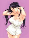  adjusting_hair armpits black_eyes black_hair breasts cleavage copyright_request curvy happoubi_jin head_tilt highres impossible_towel large_breasts long_hair naked_towel simple_background smile solo towel 
