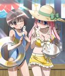  artist_request bikini bikini_skirt blue_eyes brown_hair food haramura_nodoka hat highres ice_cream innertube long_hair miyanaga_saki multiple_girls one-piece_swimsuit pink_hair red_eyes saki sexually_suggestive short_hair straw_hat swimsuit wince 