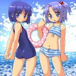  98-tan 98se-tan arms_behind_back ass beach bikini blue_eyes blue_hair bob_cut child cloud day dd_(ijigendd) hair_bobbles hair_ornament hairpin horizon innertube looking_at_viewer looking_back multiple_girls navel ocean one-piece_swimsuit one_side_up os-tan outdoors ponytail purple_eyes purple_hair school_swimsuit short_hair sky striped striped_swimsuit swimsuit water 