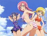  absurdres adjusting_clothes adjusting_swimsuit armpits bikini blonde_hair blue_hair blush cloud day flat_chest green_eyes hayate_no_gotoku! highres katsura_hinagiku long_hair multiple_girls nishizawa_ayumu non-web_source nyantype official_art one-piece_swimsuit pink_hair sanzen'in_nagi short_hair side-tie_bikini sky striped striped_bikini striped_swimsuit swimsuit twintails untied untied_bikini very_long_hair wardrobe_malfunction yellow_eyes 