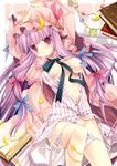  argyle argyle_background arms_up bangs blunt_bangs blush book bow breasts crescent groin hair_bow hair_ribbon hands hat jewelry large_breasts long_hair lying miyasu_risa neck_ribbon open_book open_clothes open_shirt panties panty_pull patchouli_knowledge purple_eyes purple_hair ribbon shirt side-tie_panties solo touhou underwear very_long_hair 