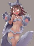  1girl :3 :d animal_ears bangs bare_shoulders blush brown_hair claws collarbone commentary_request dark_skin eyebrows_visible_through_hair facial_scar fang fur_bikini gloves grey_background hair_between_eyes head_tilt highres long_hair makuran navel open_mouth original paw_gloves paws red_eyes scar scar_on_cheek simple_background smile solo tail tooth_necklace v-shaped_eyebrows wide-eyed wolf_ears wolf_girl wolf_tail 