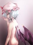  ass back bat_wings blue_hair chikuwa_coffee_(milk_soda) colorized fingernails flat_chest hat licking long_fingernails nude red_eyes remilia_scarlet ryusou short_hair solo touhou wings 