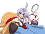  ahoge black_legwear black_mage blue_eyes final_fantasy final_fantasy_ix garter_belt jewelry kneeling kuja male_focus minnku necklace nude otoko_no_ko silver_hair solo stuffed_animal stuffed_toy tail thighhighs 