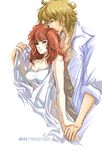  1girl aquila_marin artist_request blue_eyes blush brown_hair couple hetero leo_aiolia no_mask red_hair saint_seiya short_hair 