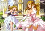  armor ass_visible_through_thighs bikini_armor blonde_hair blue_eyes breasts claudette_(queen's_blade) cleavage dress elbow_gloves elina frills garden gloves gown green_eyes happy highres jewelry kaneko_hiraku large_breasts leina long_hair multiple_girls panties pantyshot pantyshot_(standing) pink_dress princess queen's_blade siblings sisters skirt skirt_lift standing thighhighs underwear white_dress white_gloves white_legwear white_panties 