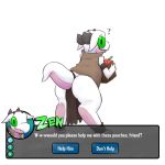  2019 ? anthro bag butt clothed clothing dating_sim english_text food fruit green_eyes horn leopluerodon loincloth male nervous peach_(fruit) pink_skin portrait reptile scalie simple_background solo text white_skin zen_(leopluerodon) 