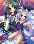  bed blue_hair blush bra braid breasts brown_eyes cameltoe glasses green_hair hat holding_hands kaku_bunwa_(koihime_musou) katagiri_hinata kneeling koihime_musou lingerie long_hair medium_breasts multiple_girls nipples panties panties_under_pantyhose pantyhose purple_eyes ribbon short_hair striped striped_panties thighband_pantyhose toutaku underwear 