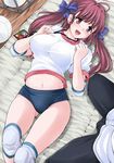  bad_id bad_pixiv_id bed breasts buruma cleavage copyright_request endou_masatoshi gym_uniform highres knee_pads large_breasts lying midriff navel red_eyes red_hair short_twintails solo twintails 