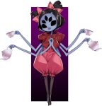  1girl black_hair bow cup extra_arms extra_eyes fangs female full_body hair_bow highres insect_girl miyamae_(miyazen9311) monster_girl muffet no_pupils open_mouth puffy_pants puffy_short_sleeves puffy_sleeves purple_skin short_sleeves short_twintails solo spider_girl standing teacup teapot twintails undertale 