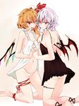  anklet ass babydoll bad_id bad_pixiv_id barefoot bat_wings blonde_hair bottomless camisole fang flandre_scarlet holding_hands jewelry kneeling leg_ribbon multiple_girls naughty_face navel panties red_eyes remilia_scarlet ribbon short_hair siblings sisters takaharu thigh_ribbon touhou underwear white_hair white_panties wings 