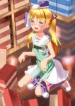  bad_id bad_pixiv_id blonde_hair blue_eyes blush footwear_on_head highres object_on_head okina_ika original shoes sneakers solo twintails 