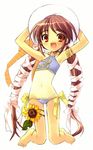  :d arms_up bikini copyright_request covered_nipples flat_chest flower hair_ribbon hat itou_noiji kneeling long_hair navel one-piece_tan open_mouth ribbon simple_background smile solo sunflower swimsuit tan tanline twintails very_long_hair white_background 