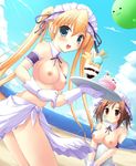  :3 absurdres arm_garter beach blonde_hair blue_eyes blush breasts brown_eyes brown_hair cloud collar day detached_collar food garters gloves happiness! highres hiiragi_anri ice_cream kamisaka_haruhi ko~cha long_hair medium_breasts multiple_girls nipples ocean outdoors parfait sarong short_hair sky smile topless tray twintails waitress water white_gloves white_sarong 