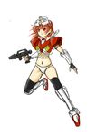  beam_rifle energy_gun fingerless_gloves fishnets gloves gm_(mobile_suit) gun gundam helmet mecha_musume ms07b3 navel panties red_eyes red_hair short_hair solo thighhighs underwear weapon 