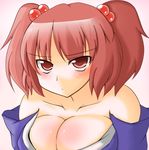  blush breasts cleavage hair_bobbles hair_ornament large_breasts mori_181 onozuka_komachi red_eyes red_hair short_hair solo touhou two_side_up 