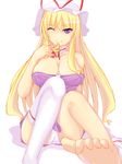  asymmetrical_clothes bad_feet bad_id bad_pixiv_id barefoot blonde_hair breasts cleavage dean feet foreshortening hair_tousle hat large_breasts long_hair one_eye_closed panties pantyshot purple_eyes single_thighhigh sitting smile soles solo thighhighs toes touhou underwear yakumo_yukari 