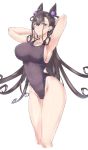  1girl bangs black_hair black_swimsuit breasts collarbone commentary_request competition_swimsuit cowboy_shot depo_(typebaby505) double_bun fate/grand_order fate_(series) highleg highleg_swimsuit large_breasts long_hair looking_at_viewer murasaki_shikibu_(fate) one-piece_swimsuit purple_eyes simple_background smile solo swimsuit very_long_hair white_background 