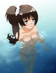 blue_eyes breast_hold breasts brown_hair copyright_request mattaku_mousuke side_ponytail solo source_request topless water 