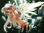  adjusting_hair armlet artist_request bandages brown_eyes copyright_request dutch_angle lake long_hair nature nude pointy_ears solo very_long_hair wading wallpaper water wet white_hair wings 