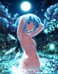  armpits arms_behind_head backlighting blue_eyes blue_hair cirno flat_chest flower forest groin kishiri_tooru lake moon moonlight nature navel night night_sky no_nipples nude older outdoors short_hair skinny_dipping sky solo touhou wading water wet wings 