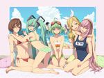  5girls ahoge aqua_hair aqua_nails ass bad_id bad_pixiv_id banana barefoot beach between_thighs bikini colored_eyelashes day eyelashes feet food fruit fundoshi green_hair gumi hatsune_miku japanese_clothes kagamine_len kagamine_rin kaito kamui_gakupo kneeling megurine_luka meiko micro_bikini multiple_boys multiple_girls nail_polish nayu one-piece_swimsuit photo_(object) pillow school_swimsuit seiza side-tie_bikini sitting soles striped striped_bikini swimsuit toenail_polish twintails v v_arms vocaloid wariza yellow_nails 