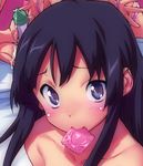  akiyama_mio bad_id bad_pixiv_id black_hair blue_eyes blush close-up condom condom_in_mouth face k-on! long_hair mouth_hold sameda_koban sexually_suggestive solo 