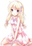  1girl bangs bare_arms bare_shoulders barefoot between_legs blonde_hair blush breasts collarbone commentary_request dress eyebrows_visible_through_hair hair_ornament hair_ribbon hairclip hand_between_legs long_hair looking_at_viewer neck_ribbon open_mouth original pink_dress pink_ribbon purple_ribbon red_eyes ribbon shihou_haru simple_background sitting sleeveless sleeveless_dress small_breasts solo wariza white_background x_hair_ornament 