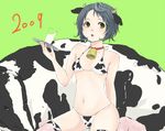  2009 animal_ears animal_print bell bell_collar bikini chinese_zodiac collar copyright_request cow cow_bell cow_ears cow_girl cow_print eguchi_jaws flat_chest horns milk new_year solo swimsuit tail thighhighs tray year_of_the_ox 