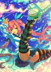  adidas bad_id bad_pixiv_id brown_eyes cameltoe cloud fang highres is_ii kicking legs long_hair midair original panties pantyshot pink_hair shoes sneakers solo striped striped_legwear thighhighs underwear very_long_hair 