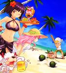  2girls alcohol beach beer bikini breasts cleavage cloud criss-cross_halter day drink flower food fruit hair_flower hair_ornament halter_top halterneck hat hibiscus large_breasts mahoujin_guruguru melon miruka_(mahoujin_guruguru) moc multiple_boys multiple_girls navel ocean one_eye_closed outdoors parfait pink_hair print_sarong purple_eyes purple_hair purple_sarong runrun_vermeer sarong sheep sky sly_(mahoujin_guruguru) sun_hat swimsuit udberg_eldol watermelon yami_no_sousai 