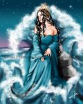  black_hair blue_eyes dress goddess long_hair solo water 