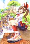  bow breasts broom brown_eyes brown_hair cloud copyright_request curvy day flying hair_bow hirokazu large_breasts open_mouth pointing ponytail red_legwear school_uniform shoes sky smile sneakers socks solo 