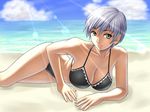  210ten beach bikini breasts cloud day large_breasts lens_flare light_rays lying on_side outdoors short_hair silver_hair solo sunbeam sunlight swimsuit umineko_no_naku_koro_ni ushiromiya_kyrie 